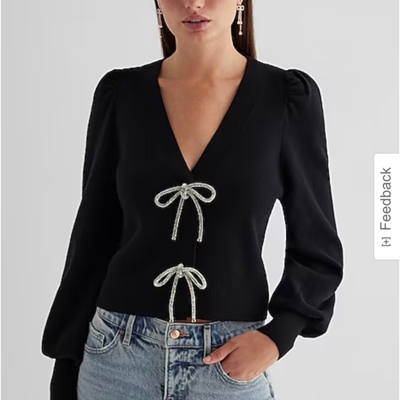 Express -viral ✨Holidays✨black embellished rhinestone bow front sweater cardigan - Picture 4 of 14